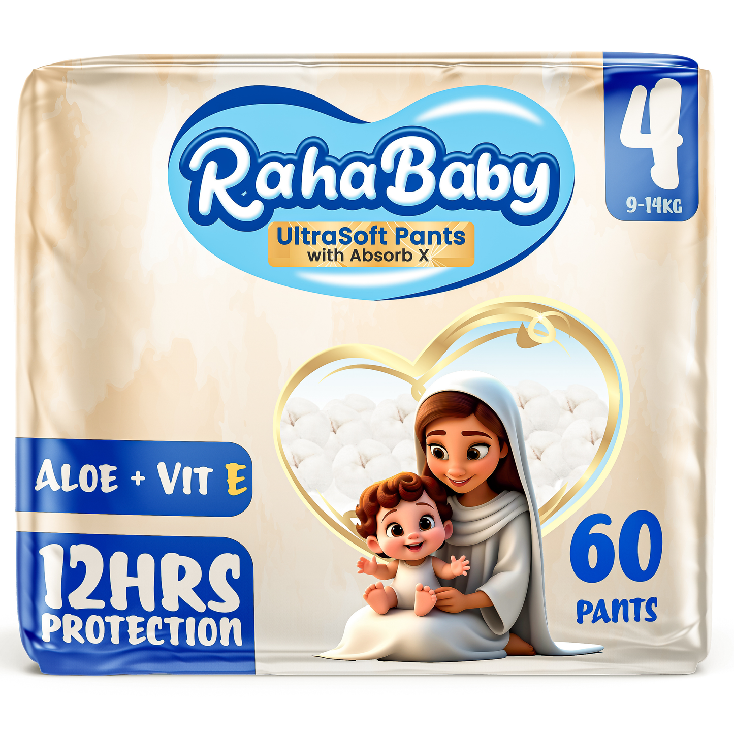 Raha baby with Absorb-X Core, Size 4, 9-14kg, 60 diaper pants.