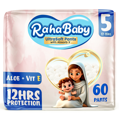 Raha baby with Absorb-X Core, Size 5, 12-18 Kg, 60 diaper pants.